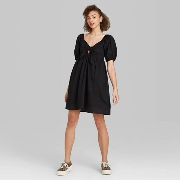 Wild fable Black Puff Sleeve Mini Dress Tie front Size small - Picture 4 of 10
